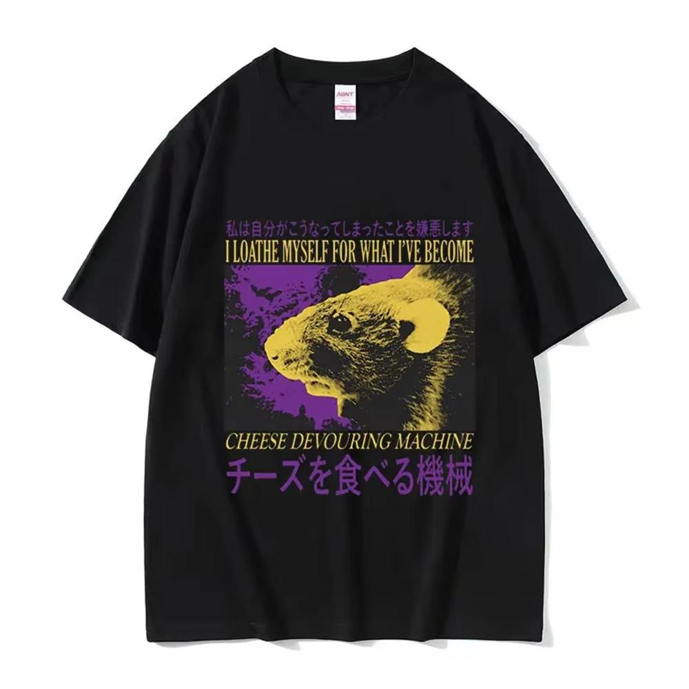 Funny Cheese Devouring Machine Japanese Rat Graphic T Shirts Men Vintage Cotton Fashion Summer O-Neck T-shirt Y2k Unisex