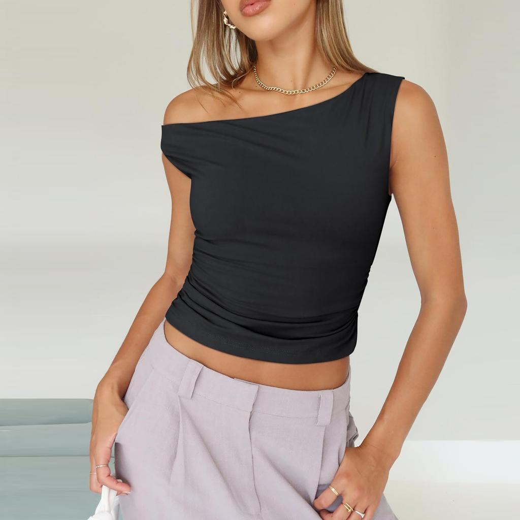 Dámské od ramene Bez rukávů Pevné Sexy Roztomilé tričko Slim Fit Upnuté tričko Crop-Top tílko