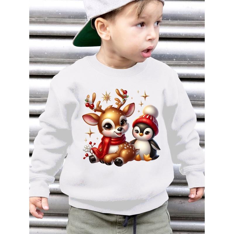 Christmas Boys' Autumn Winter Fashion -Lined Crew Neck Sweatshirt with Reindeer and Penguin Cartoon Print Loose Casual Long Sleeve Pullover WY6744