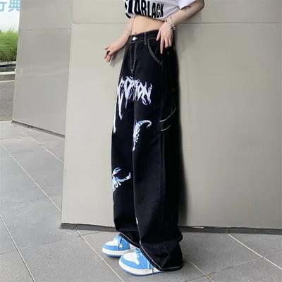 Streetwear Vintage Vrouwen Zwarte Jeans Lente Herfst Hoge Taille Broek Y2K Bedrukking Harajuku Wijde Pijpen Rechte Losse Casual Broek