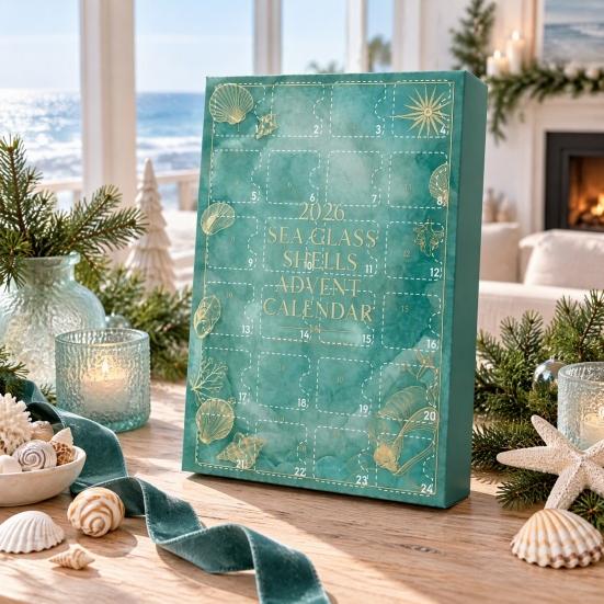 Christmas Advent Calendar Ocean Animal Calendar,24Pcs Acrylic 2D Ornament Set with Turtle Penguin Shell Fish Decor Sea Turtle/Shell/Fish/Penguin/Shark