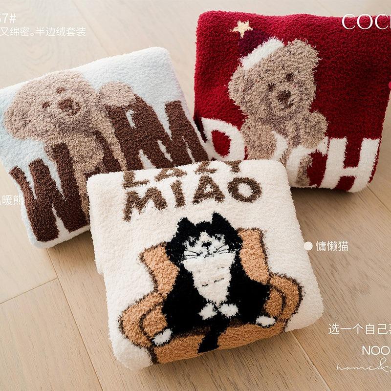 Half fleece pajamas women's suit cute animal Christmas red fleece thickened lazy comfortable loungewear winter