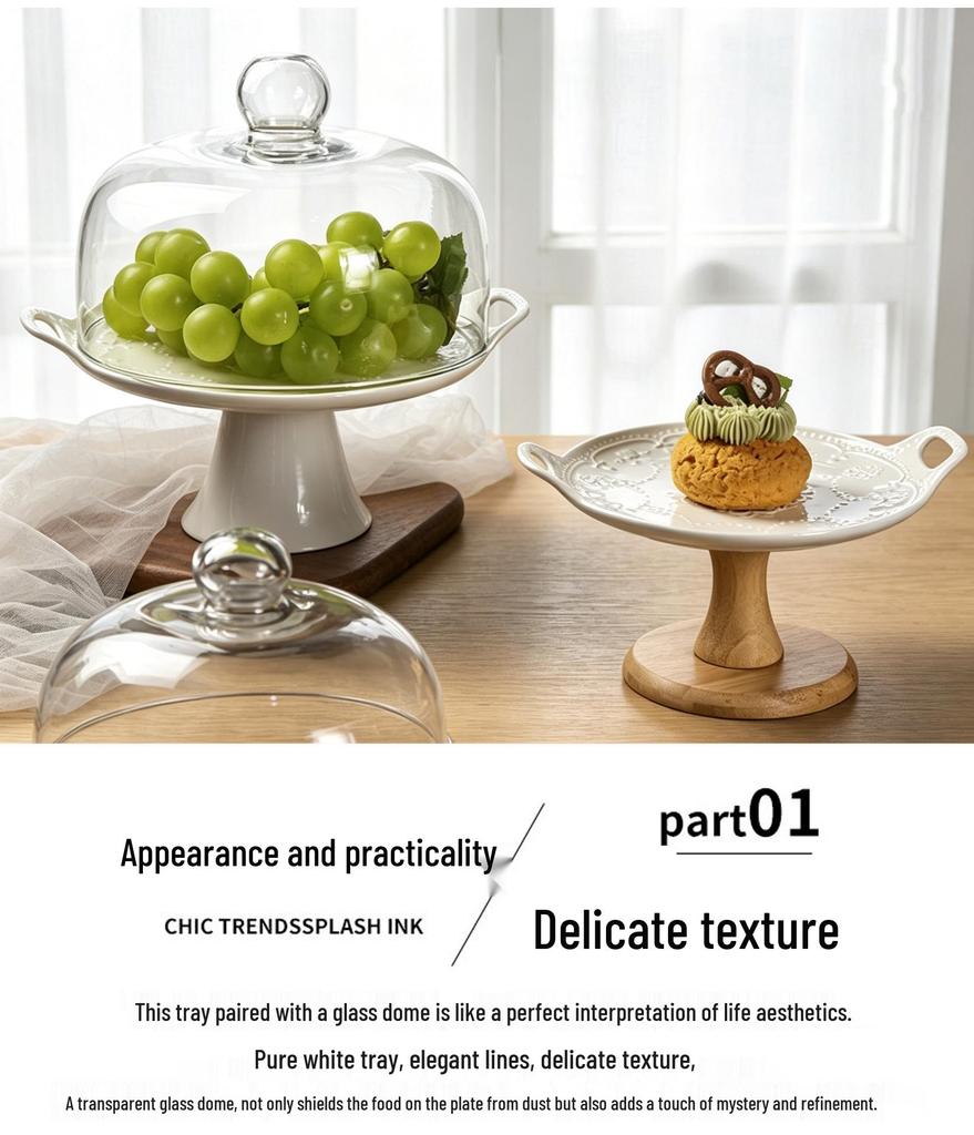 Ceramic Cake Stand with High Foot, Glass Cover & Dessert Plate