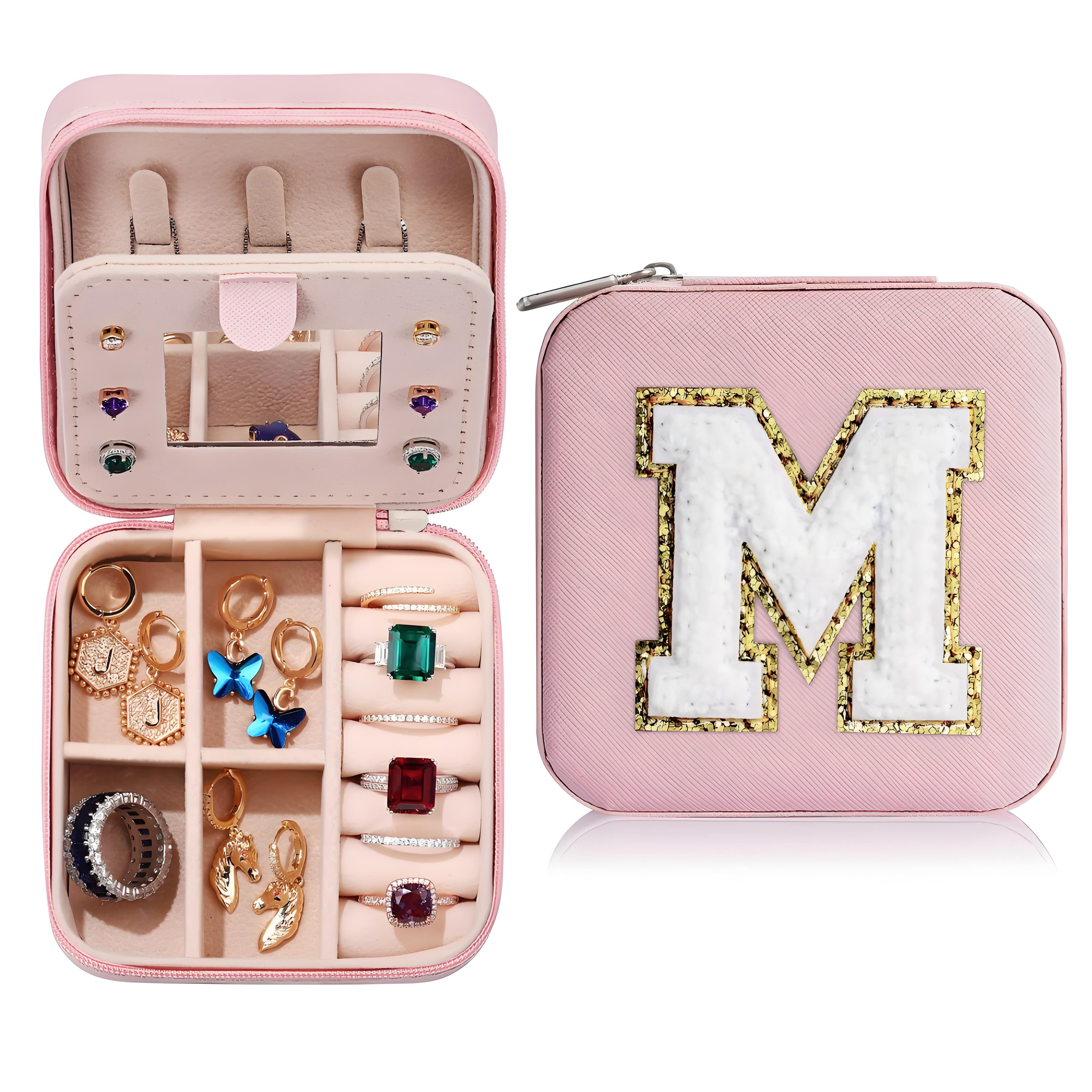 

Portable Travel Jewelry Organizer with Mirror - Pink Jewelry Case for Earrings, Rings, Necklace, Bracelet Storage