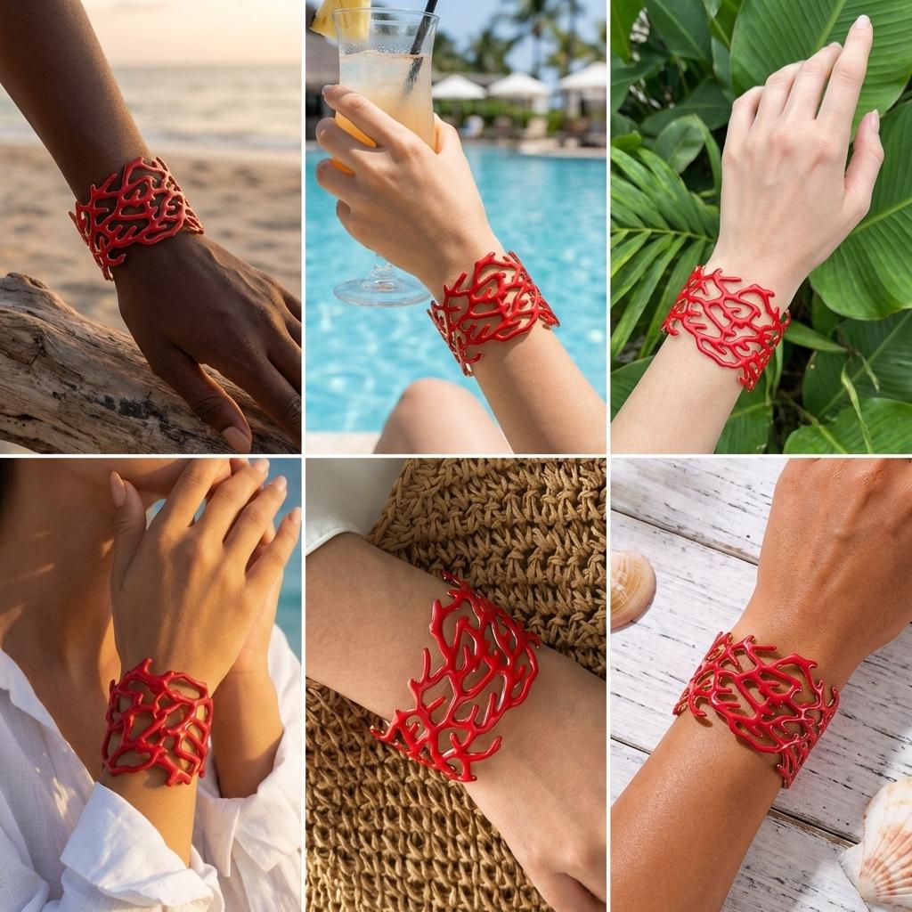 Exaggerated Summer Niche Red Coral Shaped Cuff Bangle for Women Simple Metal Starfish Wide Bracelet Beach Party Jewelry Gifts