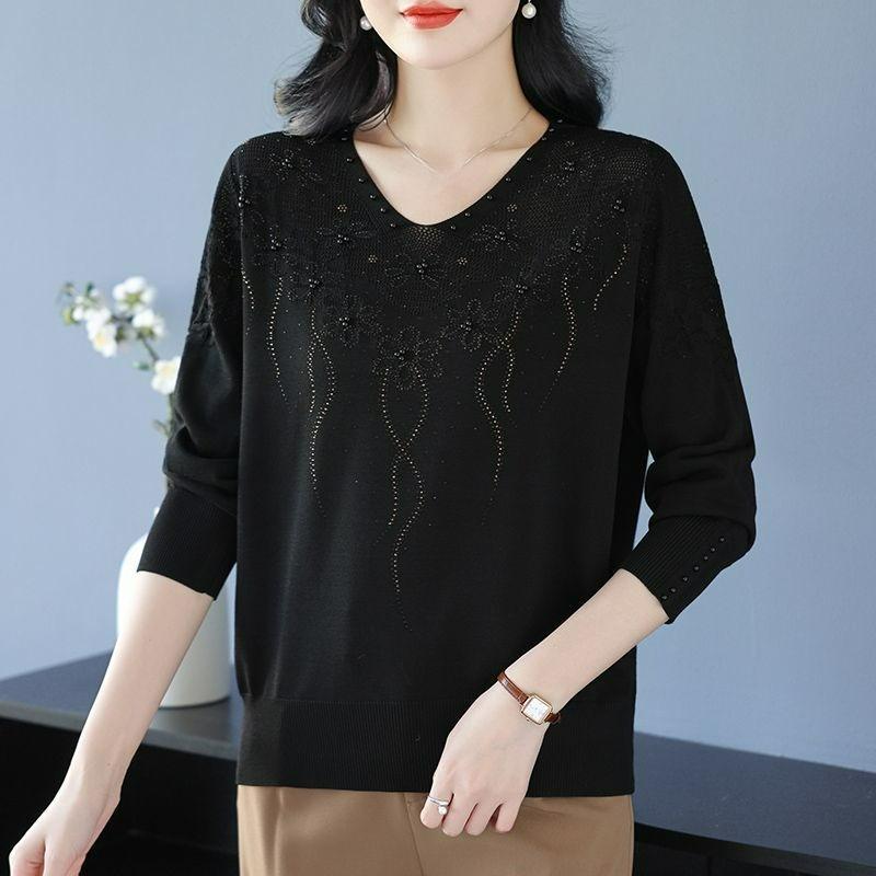 

Spring and Autumn Tops, Women s Mulberry Silk Knitwear, Large Size Thin Shirt, Small Shirt, Hot Diamond Mother Shirt, Long Sleeves 4XL