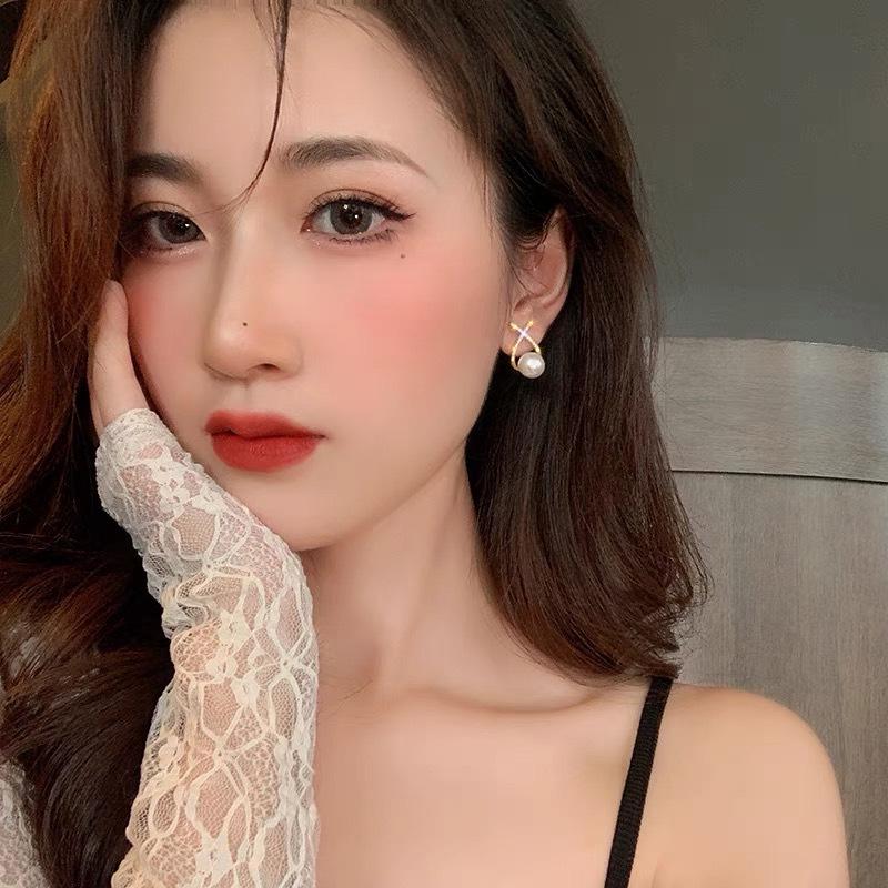 925 Silver Needle Korean X-Letter Pearl Stud Earrings - Retro French Style for Women