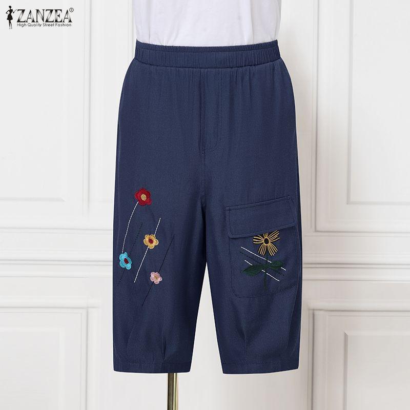 ZANZEA Women Summer Floral Print Elastic Waist Casual Capris Pants