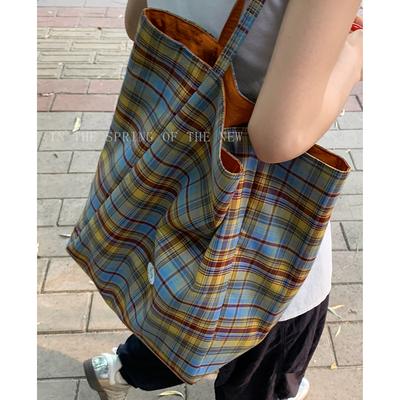 Casual Double-sided Canvas Bag Korean Lazy Style Underarm Bag Women's 2025 New Large-capacity Plaid Tote Bag
