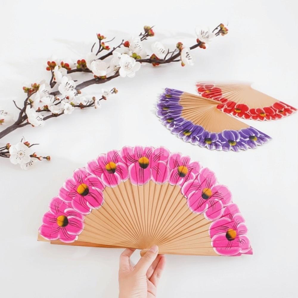 Chinese Style Wooden Folding Fan Hand-Painted Pattern Handheld Fan Ancient Flower Fan Women Use