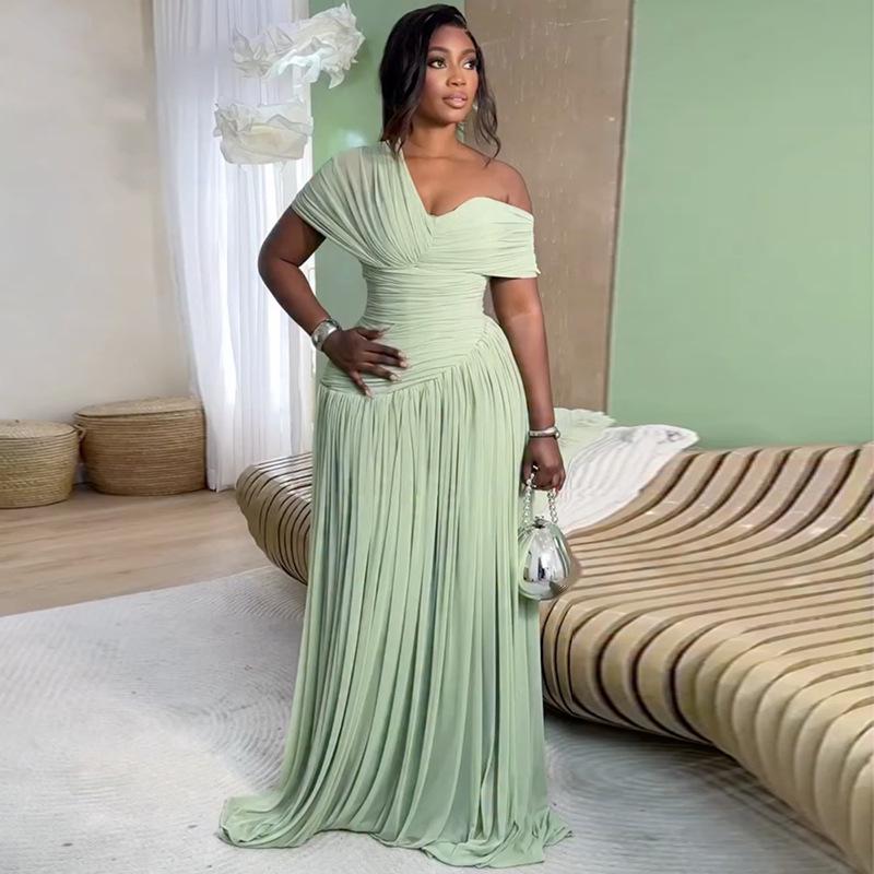 2026 Elegant One-Shoulder Pleated Waist-Cinched Lace-Up Long Sleeve Dress for Women Extra Large