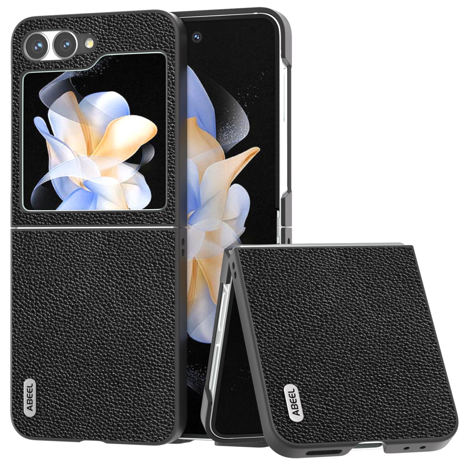 

ABEEL For Samsung Galaxy Z Flip6 5G Case Litchi Texture Genuine Cow Leather+PC Phone Cover Black