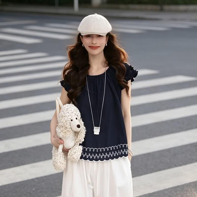 Women s Embroidered Ruffle Pleated Blouse L темно-синий