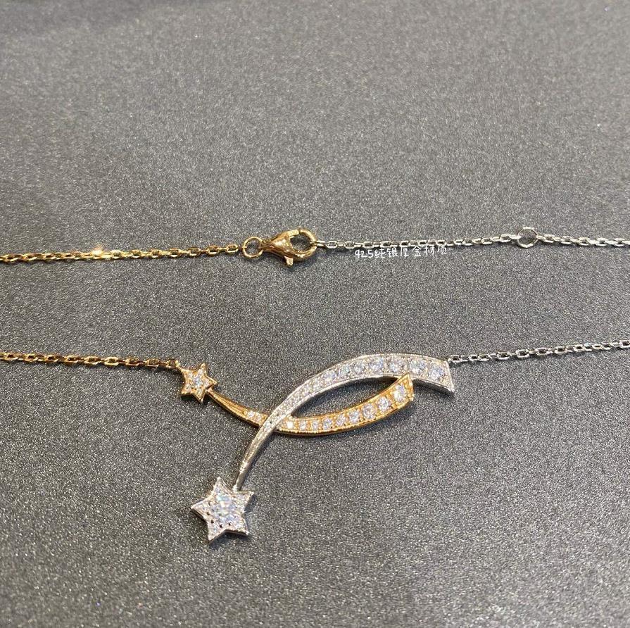 New Hot Brand Vintage Necklace Gifts For Weeding Luxury Jewelry For Women Pink Gold Zircon 2 Star Comet Pure 925 Sliver Pendant