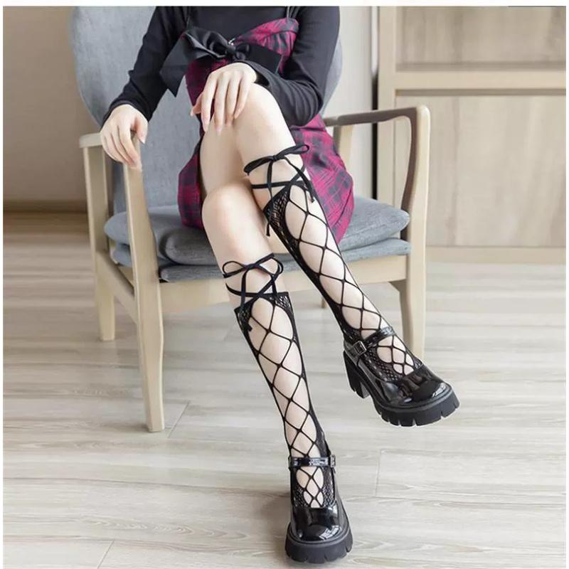 Japanese Style Hollow OutjkWomen's Calf Socks Spring Summer Lace Bowknot Socks Trendy Personality Fishnet Mid-Calf Stockin