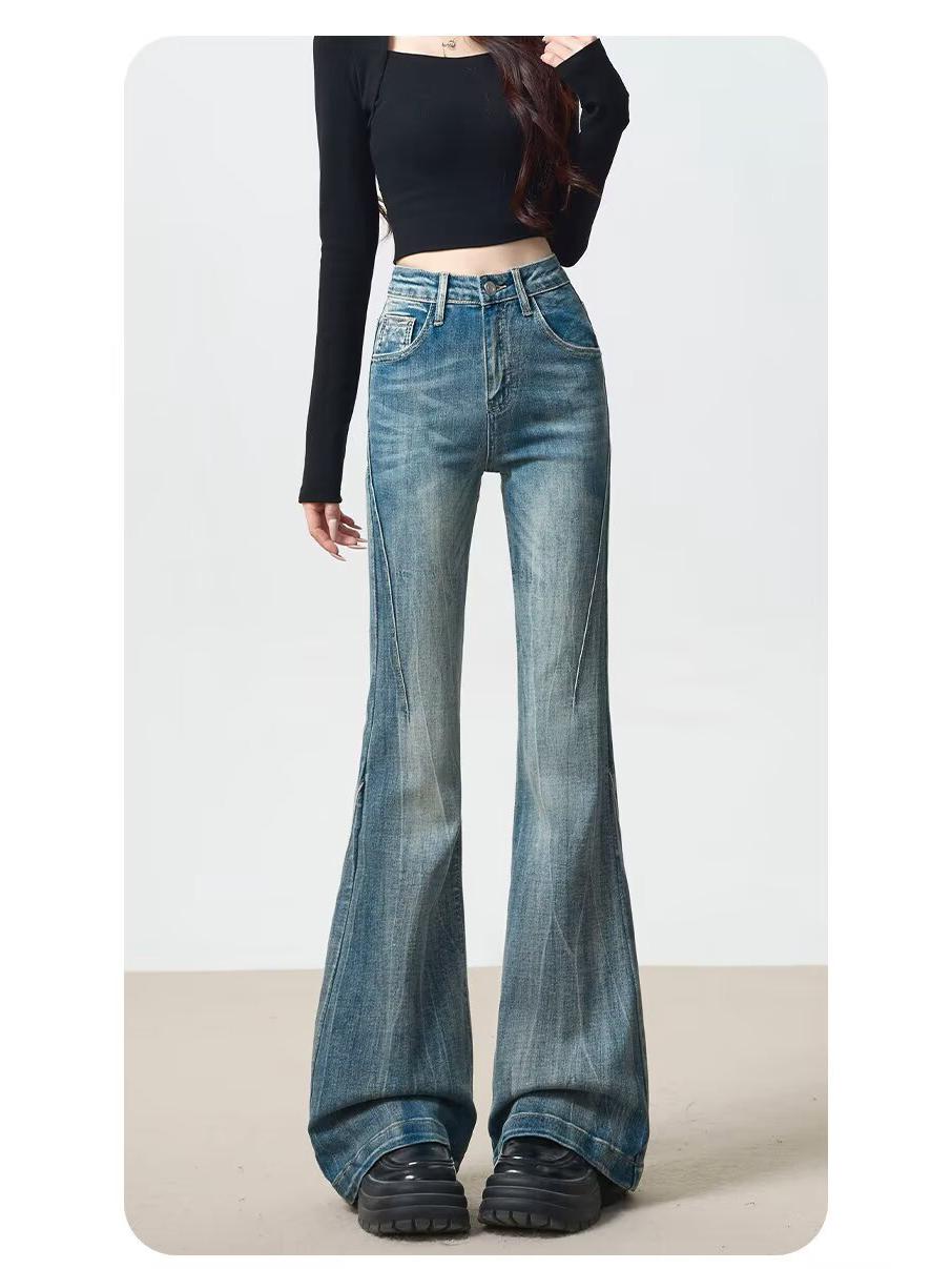 

Women s Retro Blue High-Waisted Flare Jeans - Autumn 2025 Slimming Elastic Fit L