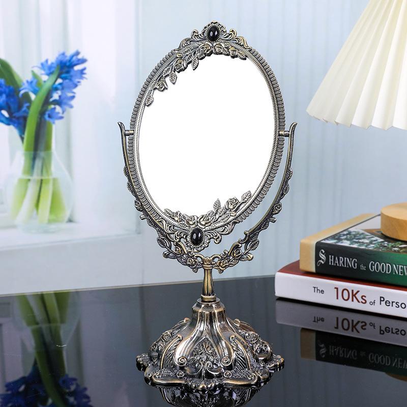 Double-sided Vintage Makeup Mirror Rotatable European Desktop Mirror Oval Makeup Mirror Bedroom Living-Room Dresser Decoration