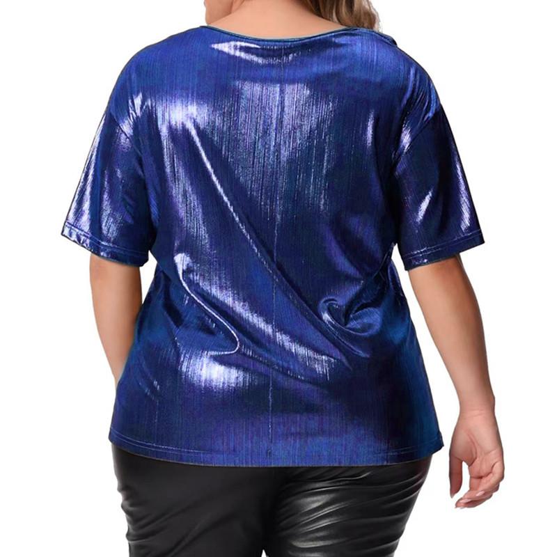 GMXIA Letnia Luźna Wersja Duży Rozmiar Okrągły Dekolt Jednolity Kolor Złoty Pył Krótki Rękaw Koszulka