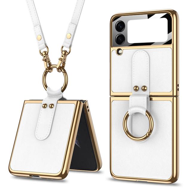 For Samsung Galaxy Z Flip 3 5g Case Original Case Luxury Plating Leather Strap Ring Stand Hard Cover For Samsung Z Flip 3 5g