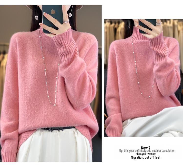 Women's 100% Wool Pullover Sweater, Half-High Neck, Thick Base Layer, New Autumn/Winter Style