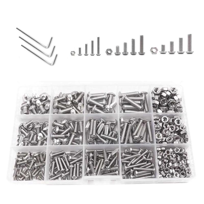 500Pcs Hexagon Socket Screws Nut Bolt Machine Screws Stainless Steels Cylinders Screws Assortment Hardware 4mm