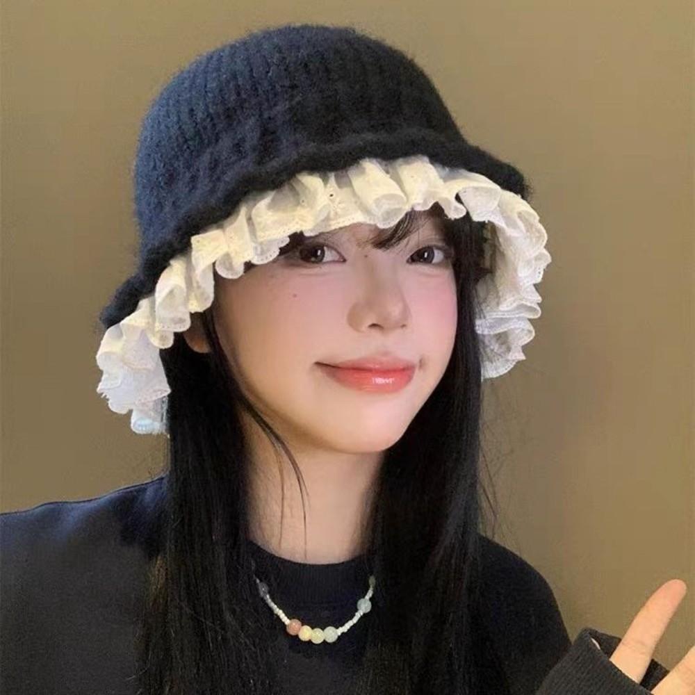 Lace Trim Women Bucket Hat Yarn Beanie Hat Sweet Knitted Fisherman Hat  Outdoor