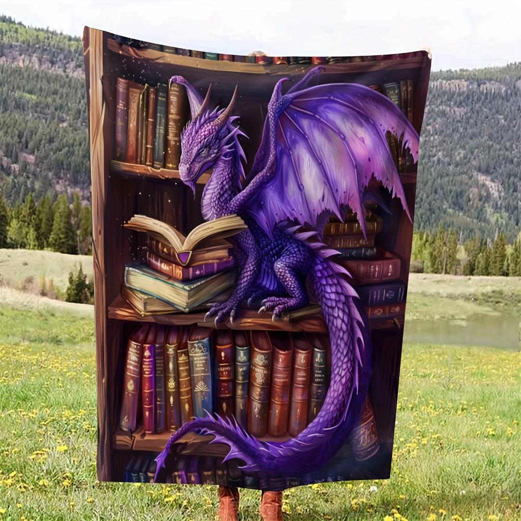 Lodge Style Dragon Reading Books Throw Blanket - Fantasy Animal Motif Soft Lightweight Accent for Sofa Bed Travel Office Gift