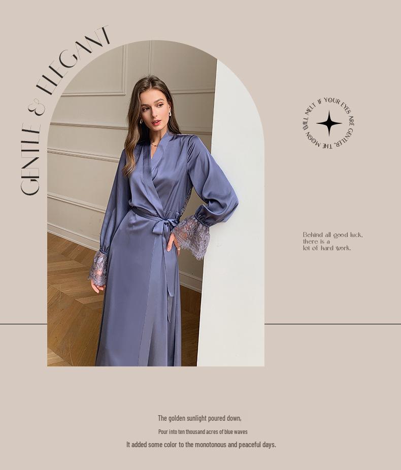 Yaoting Damen Satin Chiffon Nachthemd: Sommer Spitzen-Patchwork, Französisch Elegant, Sexy Rückenfreier Langer Morgenmantel.