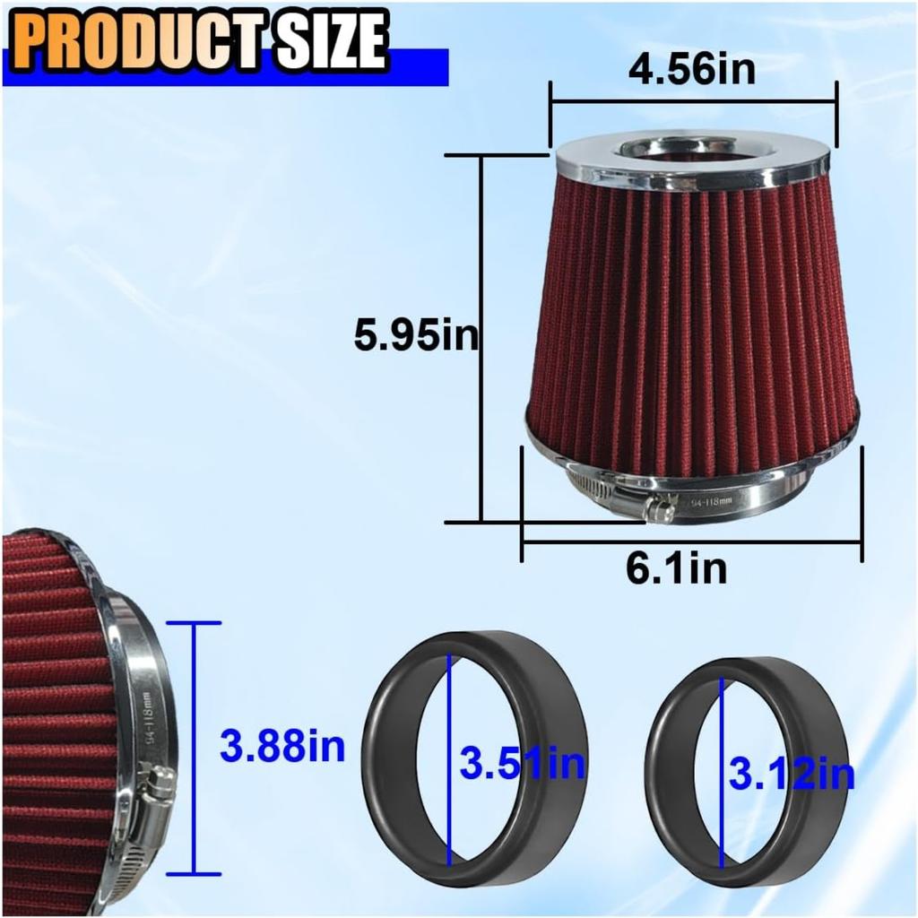 Clamp-On Air Intake Filter, High Flow Closed-Top Cool Air Filter Cleaner, 76 89 102MM Performance Round Tapered Cone Air Filters, Washable Replacement