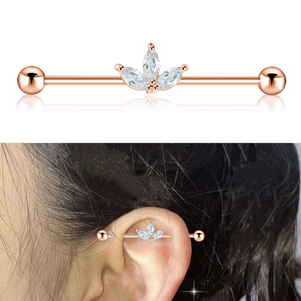 Stylish Industrial Barbell Earrings Stainless Steel Industrial Earrings Featuring Zirconia Leaf Design for Parties