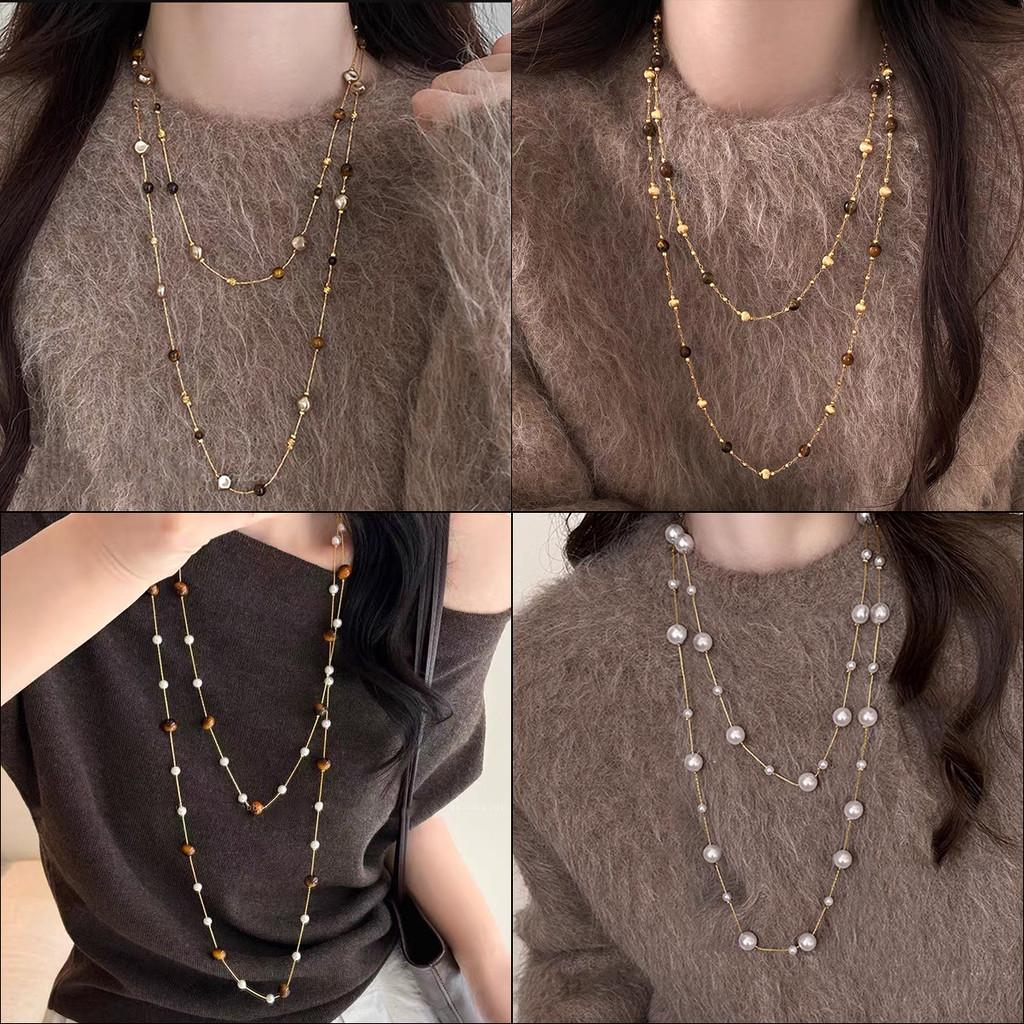 Tiger Eye Stone Multilayer Geometric Necklace With Beaded Chain For Women And Men