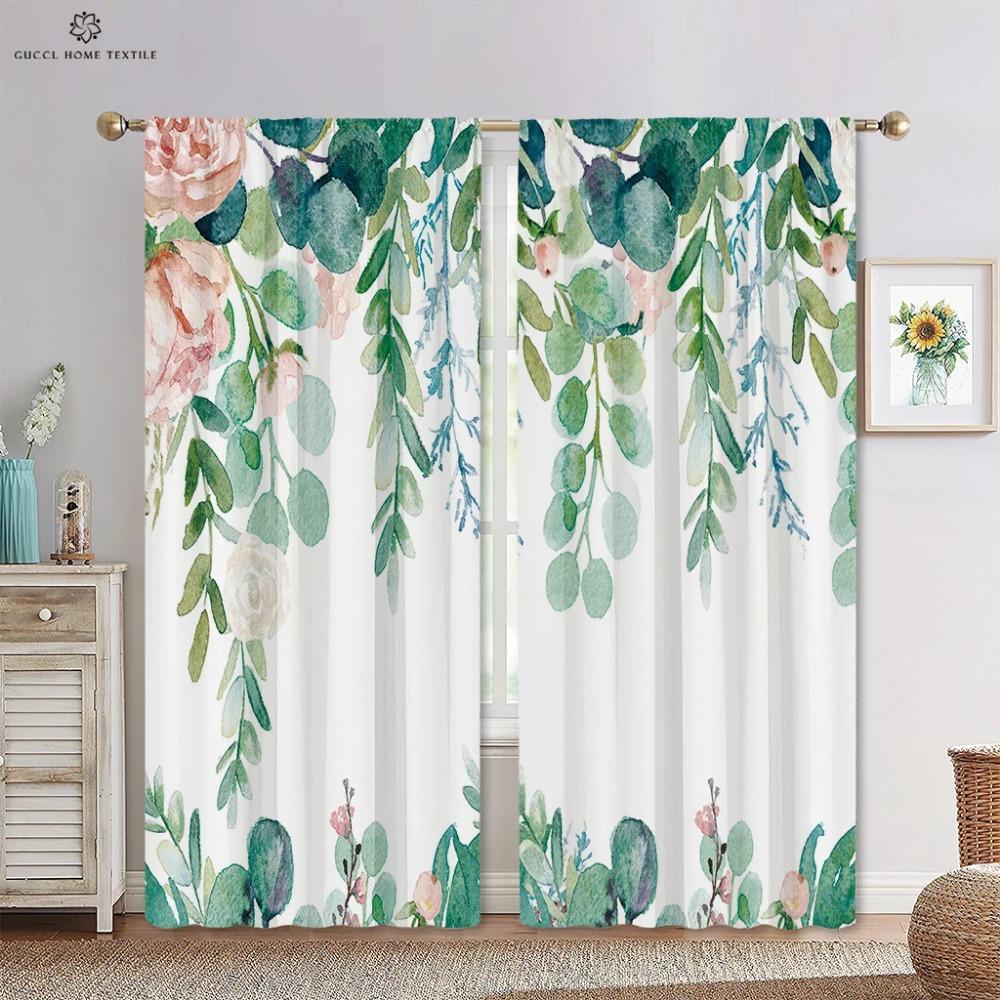 Floral Leaf Curtain Rod Pocket for Bedroom, Living Room, Kitchen, Home Decor, Modern Simple Window Decoration, 2 Pieces