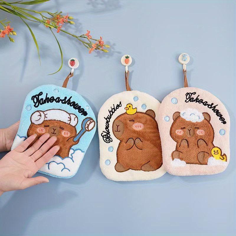 3pc Super Absorbent Quick Dry Thickened Coral Velvet Bathroom Hand Towels Cute Cartoon Capybara Designs with Bath Accessories,Home Spa,Spa Enthusiasts