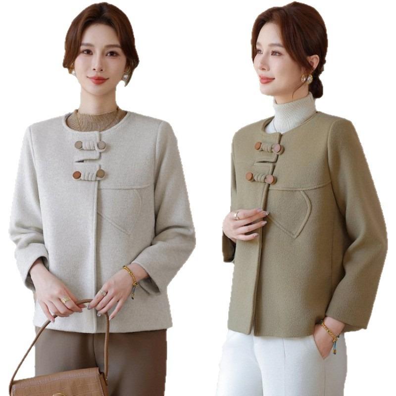 Medium and Old Women's Coat Fashion Double-sided Woolen Coat Temperament Short Small New Round Neck Woolen Women