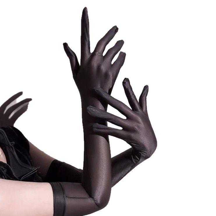 Glossy Black Hand Silk Split Fingers Super Smooth Bright High Density Aurora Versatile Ultra Thin Matte Velvet Sexy Black Silk Gloves Women