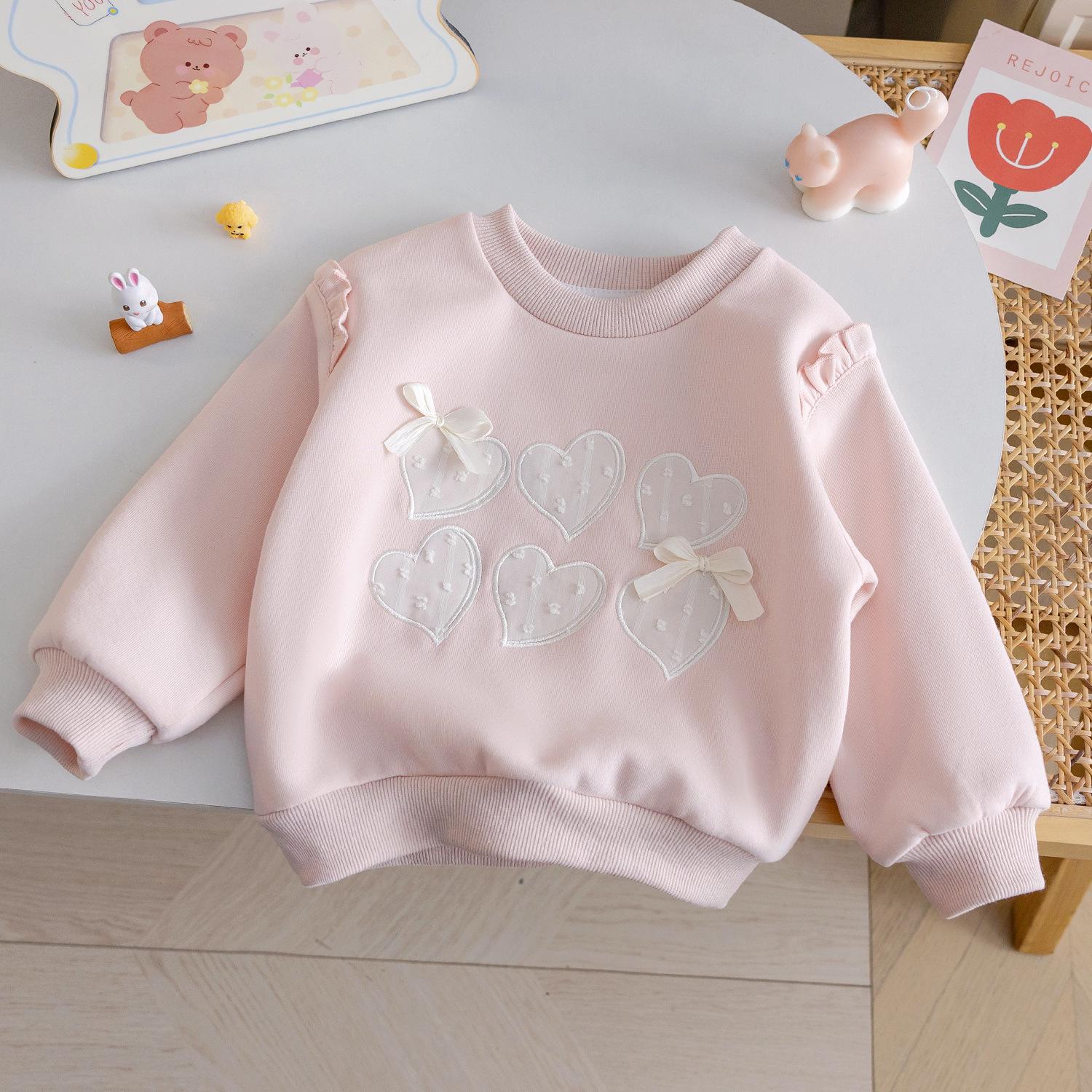 

Сладкий осенний свитшот для маленьких девочек с 3D вышивкой сердца и бантом, мода 2025. 100 cm розовый