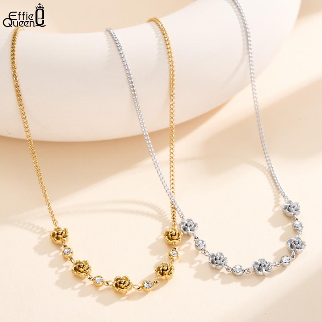 EFFIE QUEEN Stainless Steel 18k Gold & Zirconia Flower Chain Choker Necklace Romantic Jewelry for Women, Men Banquet Gift STKN10