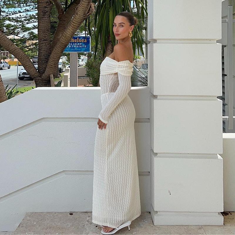 ZXPFO Hot-selling Temperament Evening Dress Dress Sexy Waist One-word Shoulder Texture Long-sleeved Dress