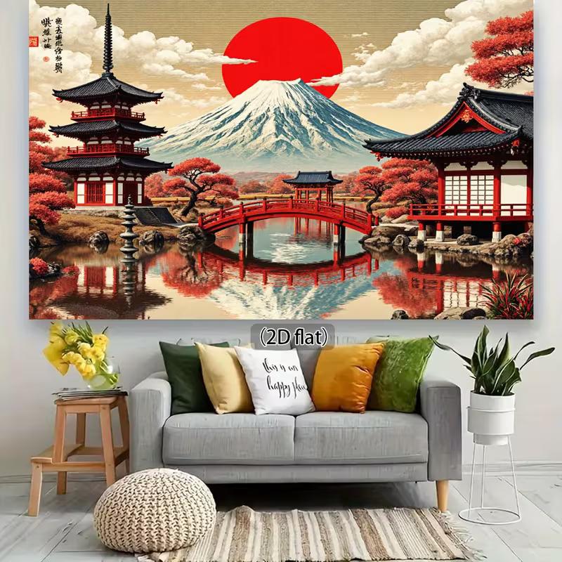 2D Mount Fuji Backdrop, Japanese Temple & Red Bridge Photography Background for Party Decor