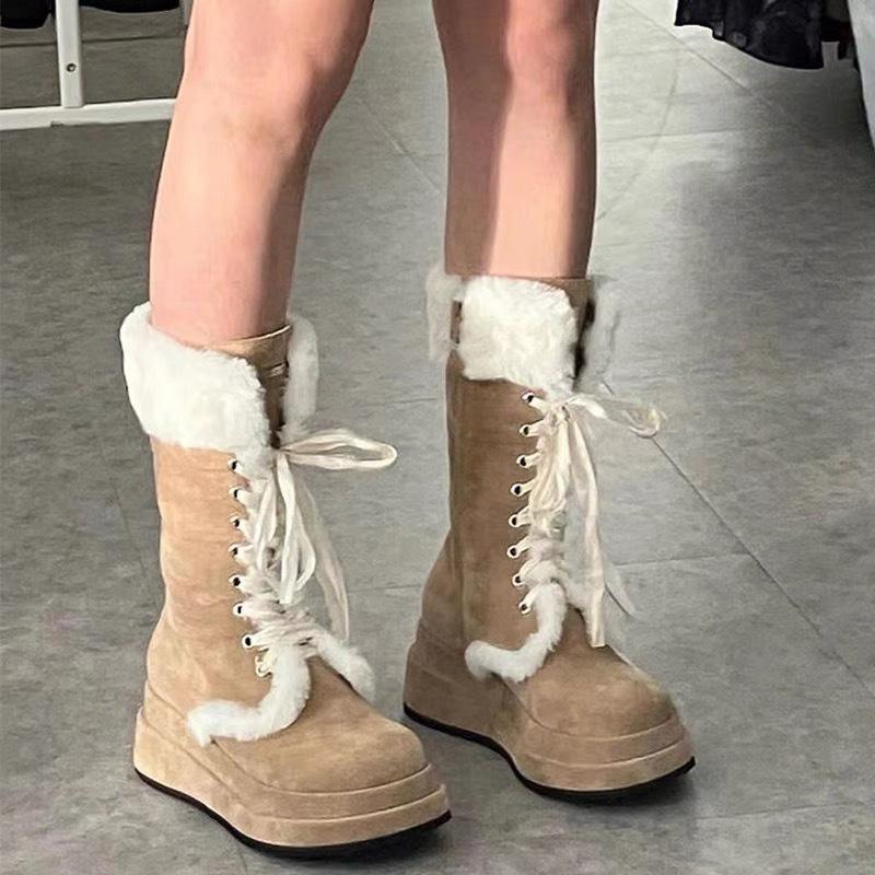 Snow boots women's fur integrated winter new thick-soled warm non-slip piled thickened medium tube cotton shoes