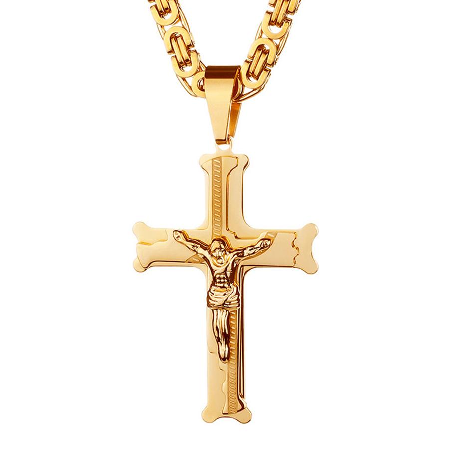 Stainless Steel Big Jesus Cross Pendant with Long Chain Men's Gold Color Crucifix Necklaces Male Religious Jewelry Dropshipping