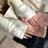 Hotfix Rhinestone Knitted Gloves Plush Half Finger Mittens Soft Bow Gloves  Cycling