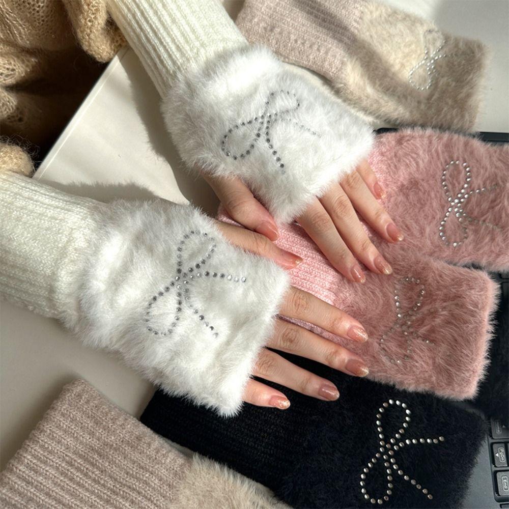 Hotfix Rhinestone Knitted Gloves Plush Half Finger Mittens Soft Bow Gloves  Cycling