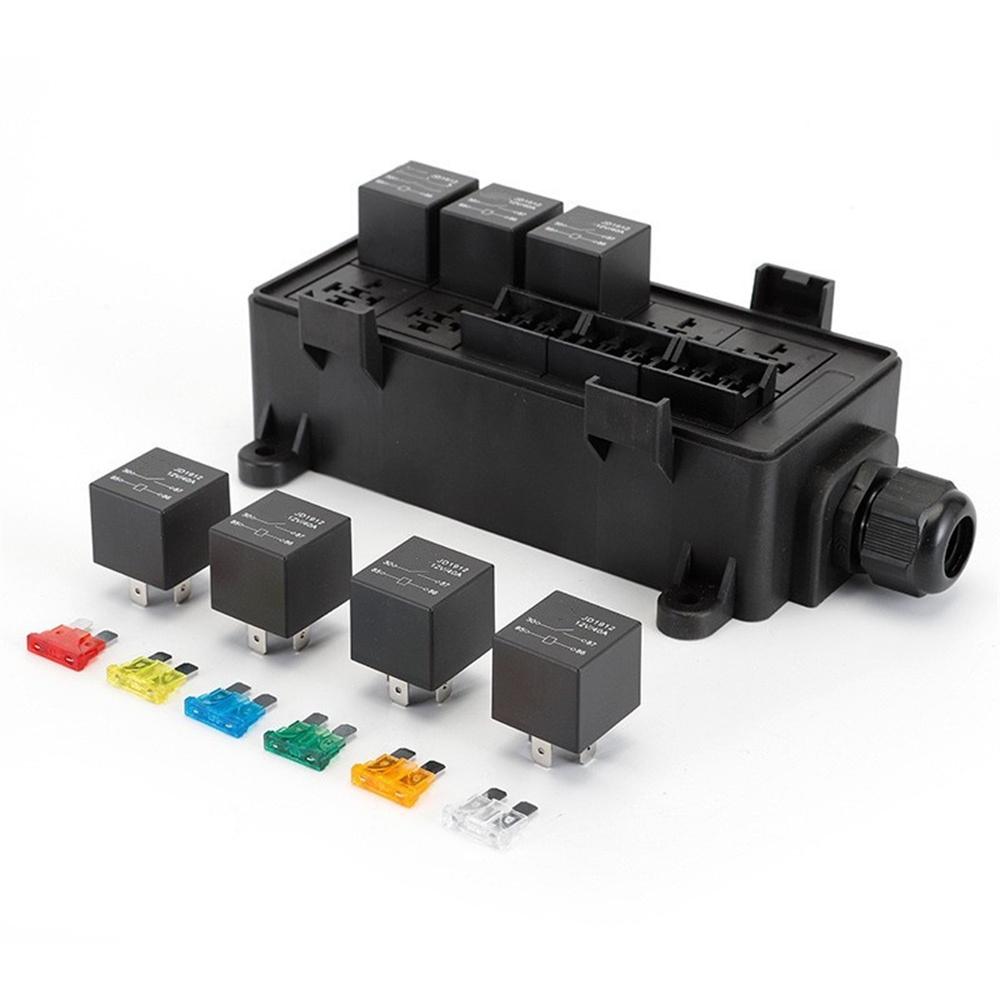12V 9-Way Fuse Relay Box with 4-Pin 40A Relays and Fuses For Car Truck