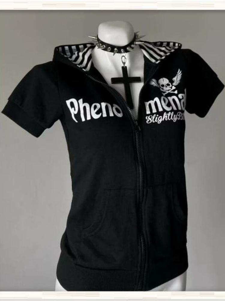 Y2K Subkultur Totenkopf-Print Reißverschluss-Cardigan Kurzarm Damen Japan Slim Fit Gestreifter Hoodie Lässige Oberteile Mode Streetwear Kleidung