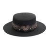 Straw hat women's spring and summer retro casual women's rhinestone straw woven flat top top hat outdoor sunshade beach hat hat
