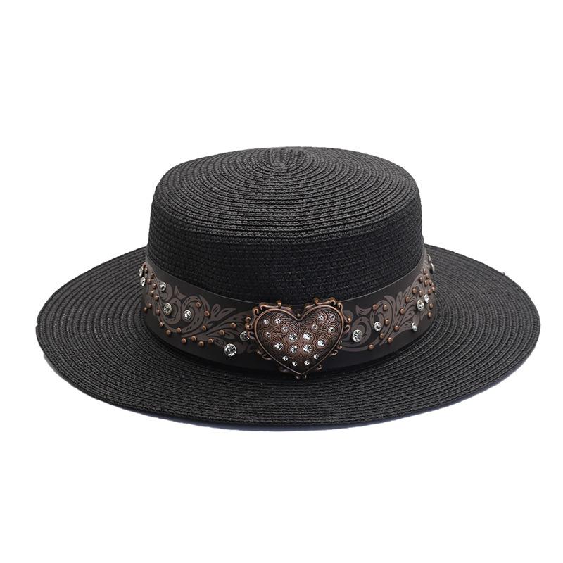 Straw hat women's spring and summer retro casual women's rhinestone straw woven flat top top hat outdoor sunshade beach hat hat