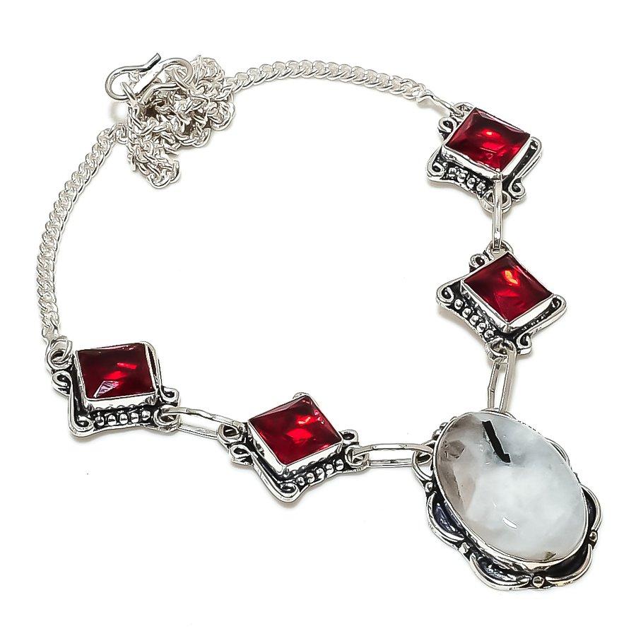 Natural Moonstone, Garnet Gemstone 925 Sterling Silver Jewelry Necklace 18" N4v70
