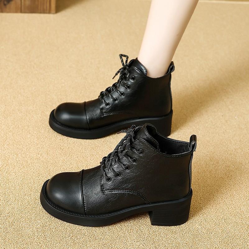 Martin Boots Women's British Style Winter New Thin Women's Boots Comfortable Lace-up Thick Heel Medium Heel Short Boots Women