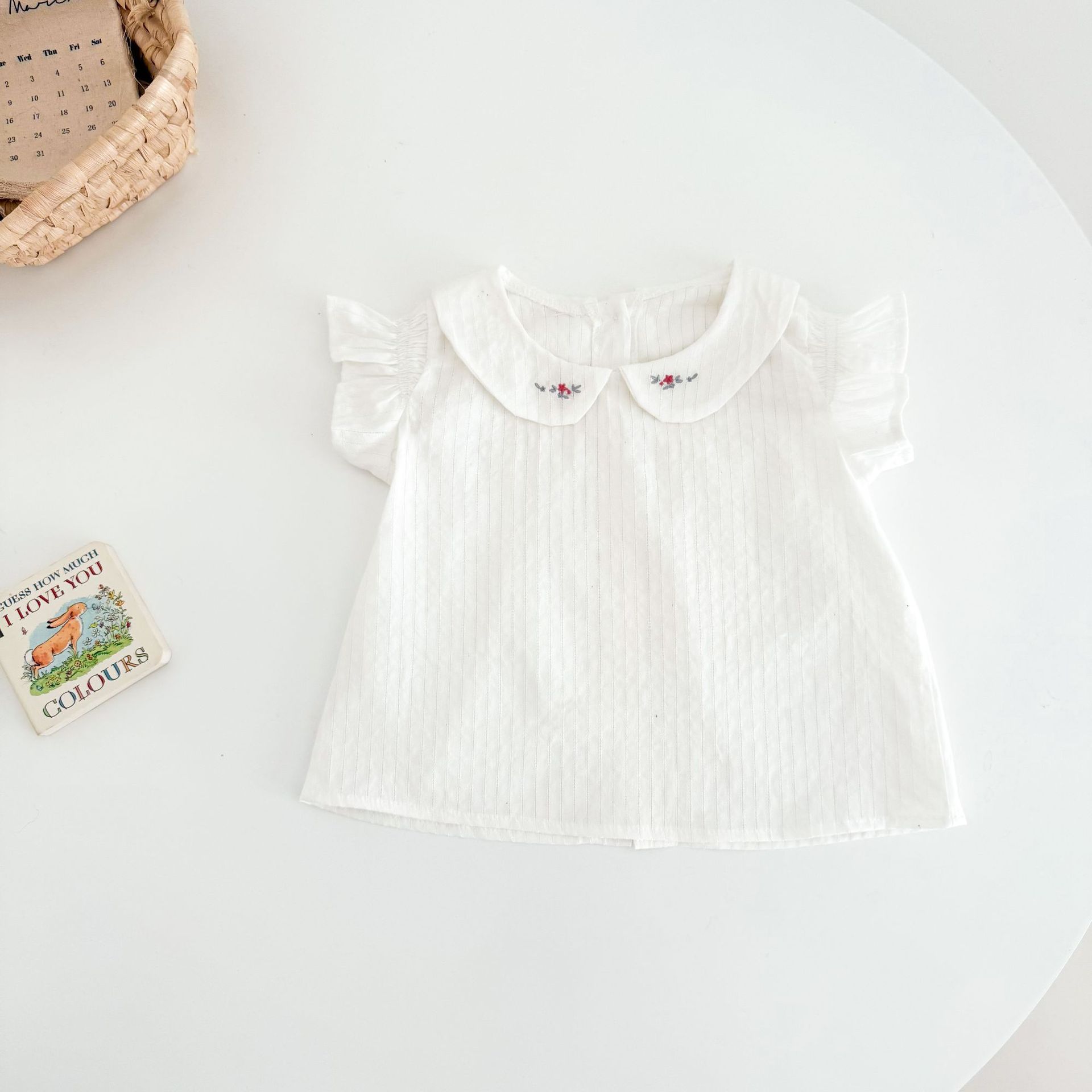 Girls Summer Hollow Out Jacquard Cotton Top Soft Breathable Flutter Sleeve Collar Embroidered Blouse 80cm